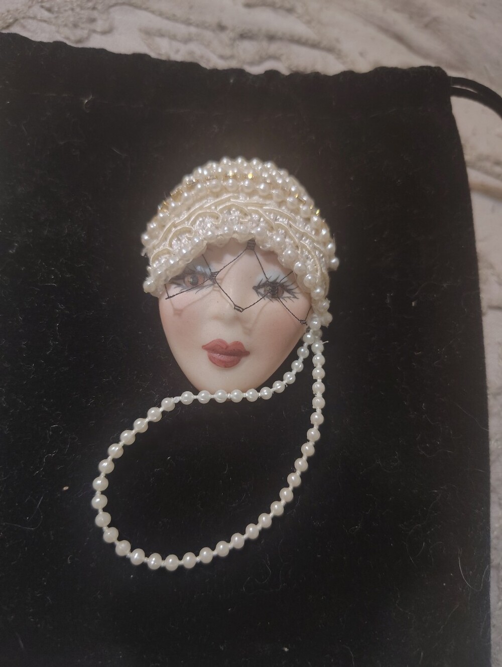 Pearl Beaded Flapper Face Brooch